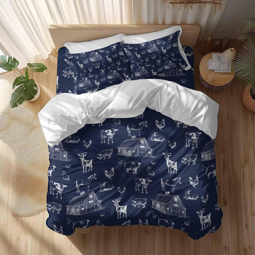 Farm Animals Duvet Cover Set Queen Size 4 Pieces Navy Blue Farmhouse Chicken Cow Sheep Pig House Country Bedding Set with Zipper Closure, 1 Comforter Cover 90x92 Inches 1 Flat Sheet & 2 Pillow Cases