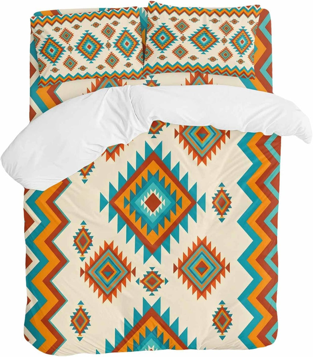Prime Leader Bohemia Geometric Duvet Cover Set Queen Size 4 Pieces Western Teal Orange Beige Aztec Ethnic Bedding Set with Zipper Closure, 1 Comforter Cover 90x92 Inches 1 Flat Sheet & 2 Pillow Cases