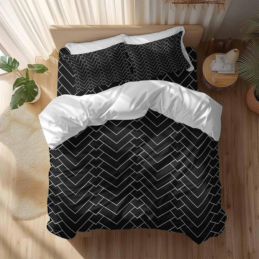 Prime Leader Abstract Line Duvet Cover Set Queen Size 4 Pieces Herringbone Black White Modern Simple Bedding Set with Zipper Closure, 1 Comforter Cover 90x92 Inches 1 Flat Sheet & 2 Pillow Cases