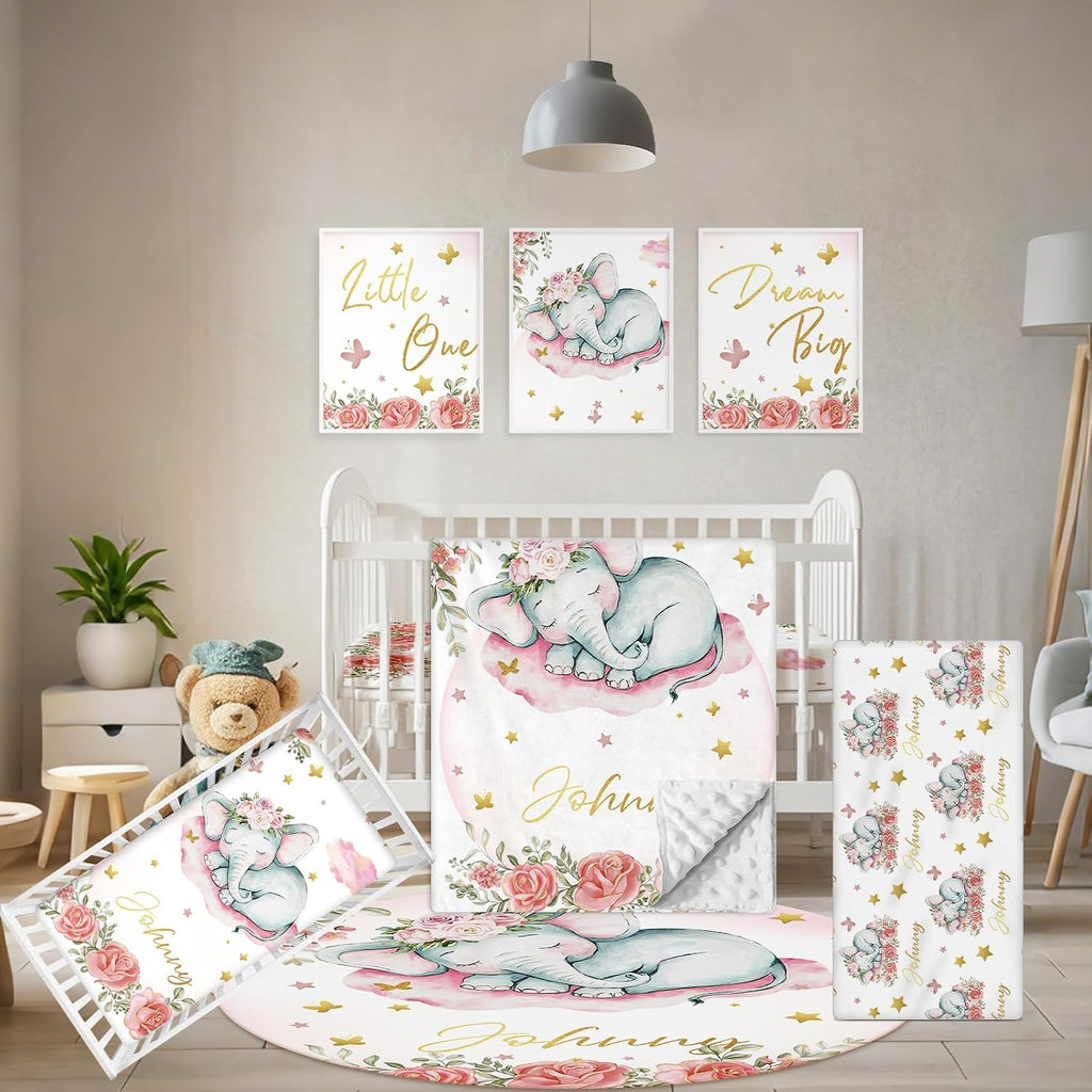 Terwex Custom Baby Crib Bedding Set, 5 Pcs Personalized Name Baby Crib Sets for Infant Toddler, Floral Elephant Nursery Bedding Set for Baby Girls, Double Layer Baby Bedding Sets Customized Gifts
