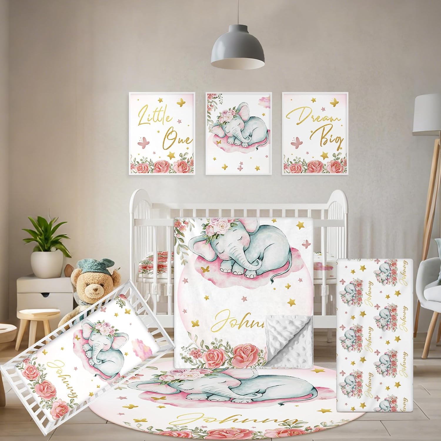 Terwex Custom Baby Crib Bedding Set, 5 Pcs Personalized Name Baby Crib Sets for Infant Toddler, Floral Elephant Nursery Bedding Set for Baby Girls, Double Layer Baby Bedding Sets Customized Gifts