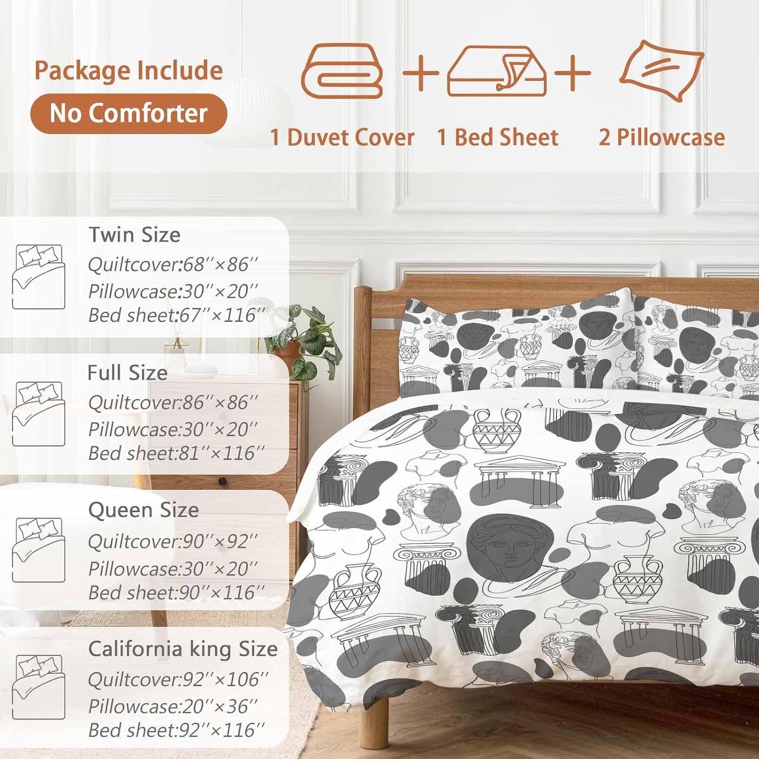 Modern Abstract Duvet Cover Set Queen Size 4 Pieces Grey Classical Ancient Greek Sculptural Heads Bedding Set with Zipper Closure, 1 Comforter Cover 90x92 Inches 1 Flat Sheet & 2 Pillow Cases