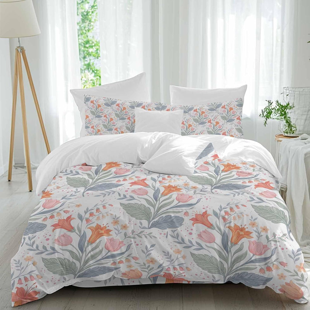 Pink Orange Flower Duvet Cover Set Queen Size 4 Pieces Watercolor Floral Green Leaf Rustic Country Bedding Set with Zipper Closure, 1 Comforter Cover 86x86 Inches 1 Flat Sheet & 2 Pillow Cases