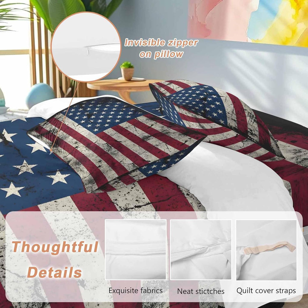 Prime Leader Independence Day Duvet Cover Set Queen Size 4 Pieces Mottled U. S. Flag Shabby Chic Vintage Bedding Set with Zipper Closure, 1 Comforter Cover 90x92 Inches 1 Flat Sheet & 2 Pillow Cases