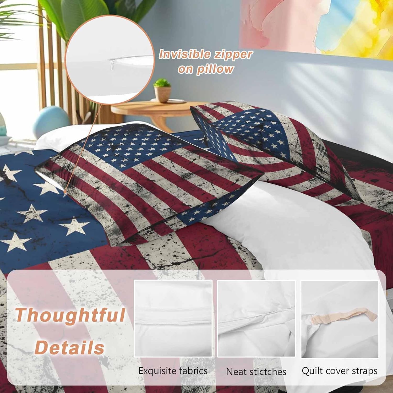 Prime Leader Independence Day Duvet Cover Set Queen Size 4 Pieces Mottled U. S. Flag Shabby Chic Vintage Bedding Set with Zipper Closure, 1 Comforter Cover 86x86 Inches 1 Flat Sheet & 2 Pillow Cases