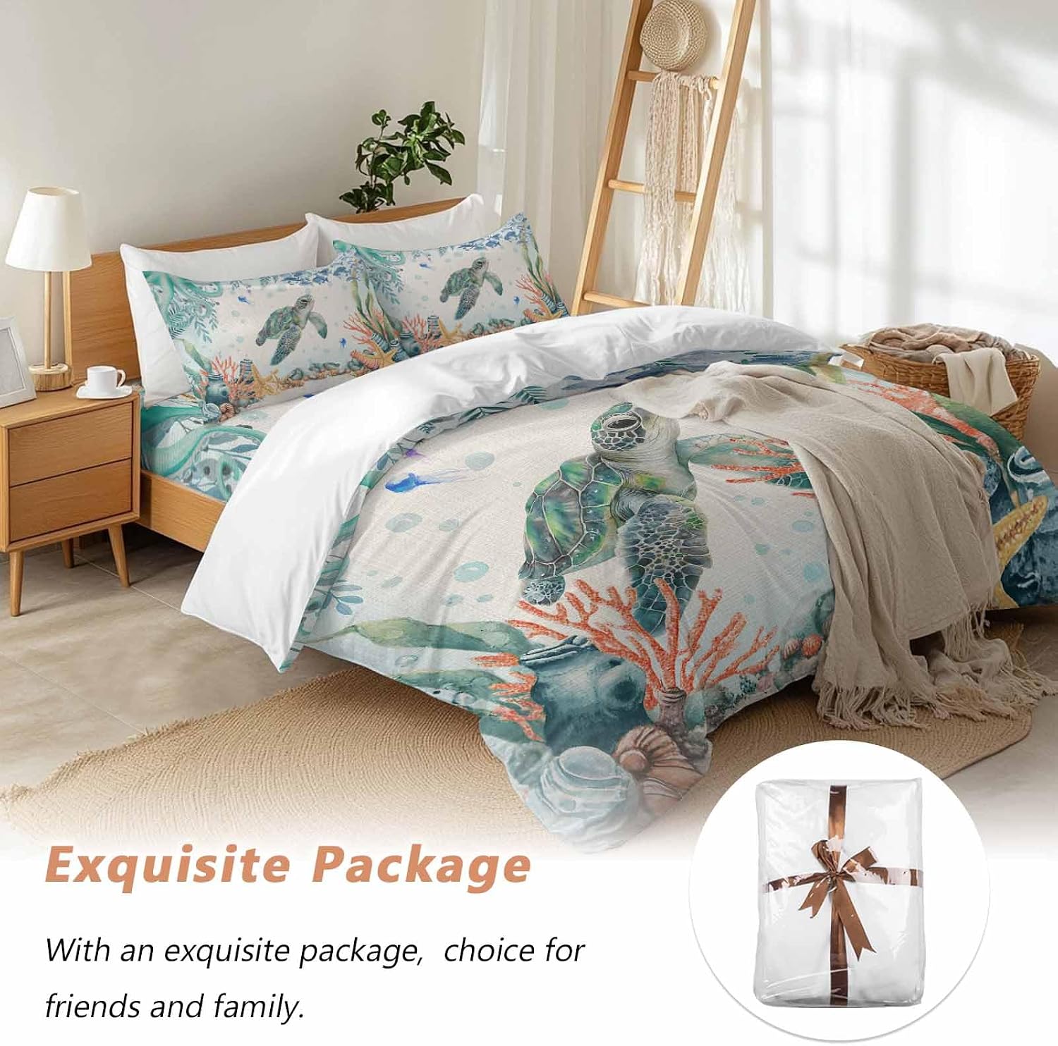 Summer Ocean Turtle Duvet Cover Set Queen Size 4 Pieces Nautical Colorful Sea Fish Octopus Coral Linen Bedding Set with Zipper Closure, 1 Comforter Cover 90x92 Inches 1 Flat Sheet & 2 Pillow Cases