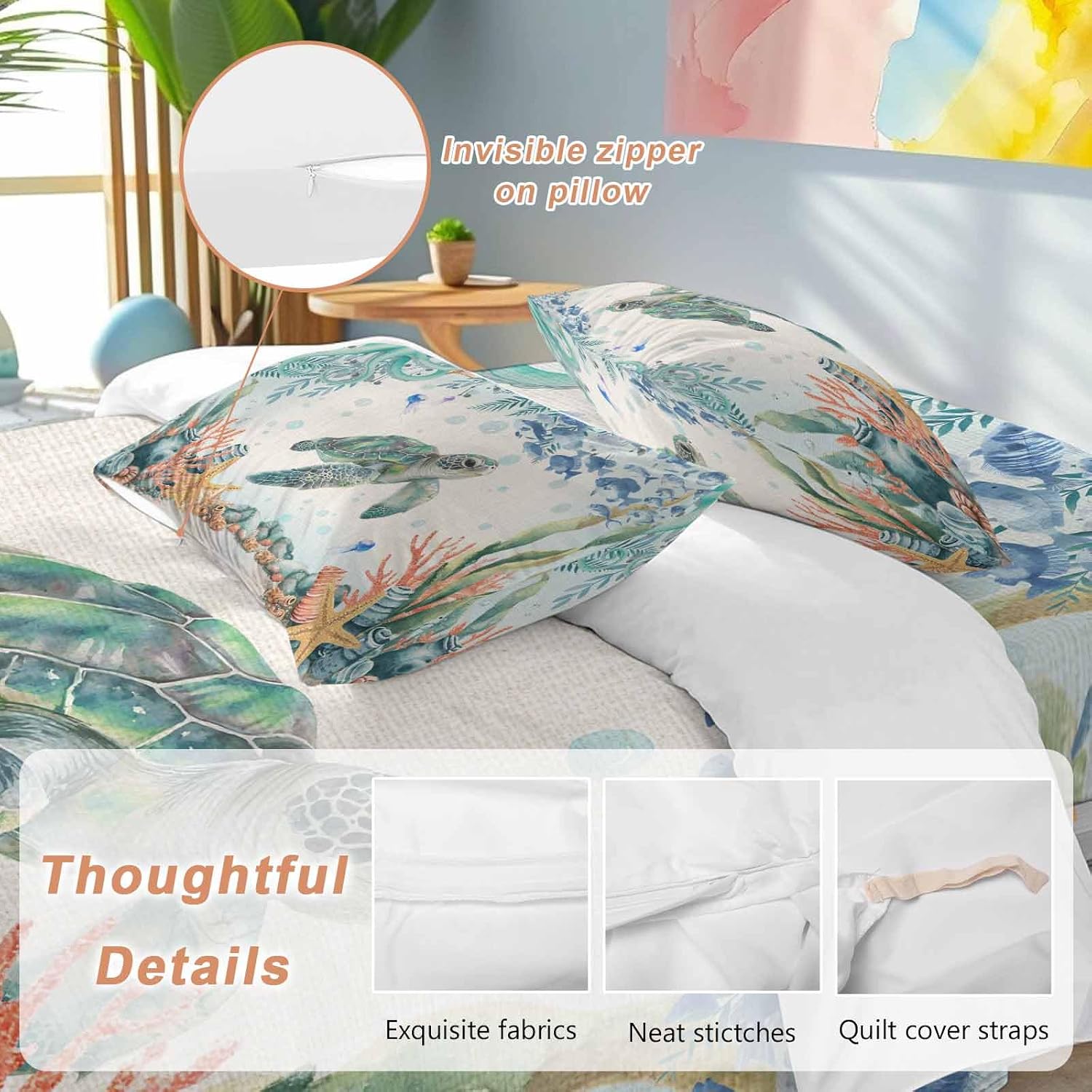 Summer Ocean Turtle Duvet Cover Set Queen Size 4 Pieces Nautical Colorful Sea Fish Octopus Coral Linen Bedding Set with Zipper Closure, 1 Comforter Cover 90x92 Inches 1 Flat Sheet & 2 Pillow Cases