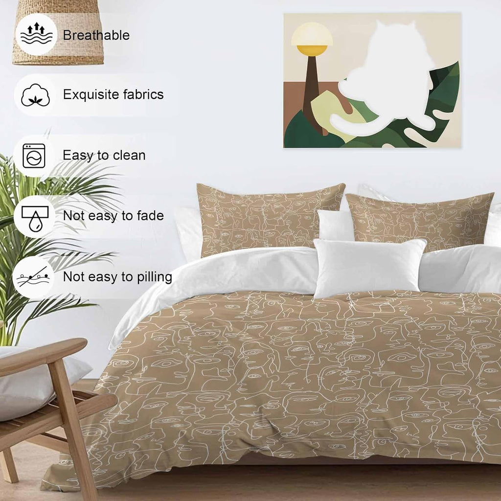 Brown Modern Art Duvet Cover Set Queen Size 4 Pieces White Abstract Line Human Face Minimalist Bedding Set with Zipper Closure, 1 Comforter Cover 86x86 Inches 1 Flat Sheet & 2 Pillow Cases