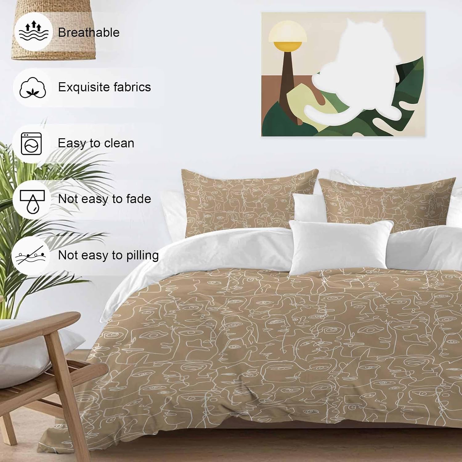 Brown Modern Art Duvet Cover Set Queen Size 4 Pieces White Abstract Line Human Face Minimalist Bedding Set with Zipper Closure, 1 Comforter Cover 86x86 Inches 1 Flat Sheet & 2 Pillow Cases