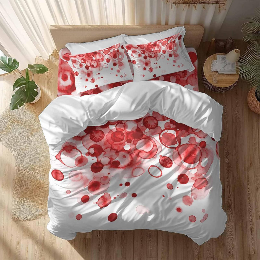 Abstract Duvet Cover Set Queen Size 4 Pieces Red Gradient Watercolors Ink Points Minimalist Style Bedding Set with Zipper Closure, 1 Comforter Cover 86x86 Inches 1 Flat Sheet & 2 Pillow Cases
