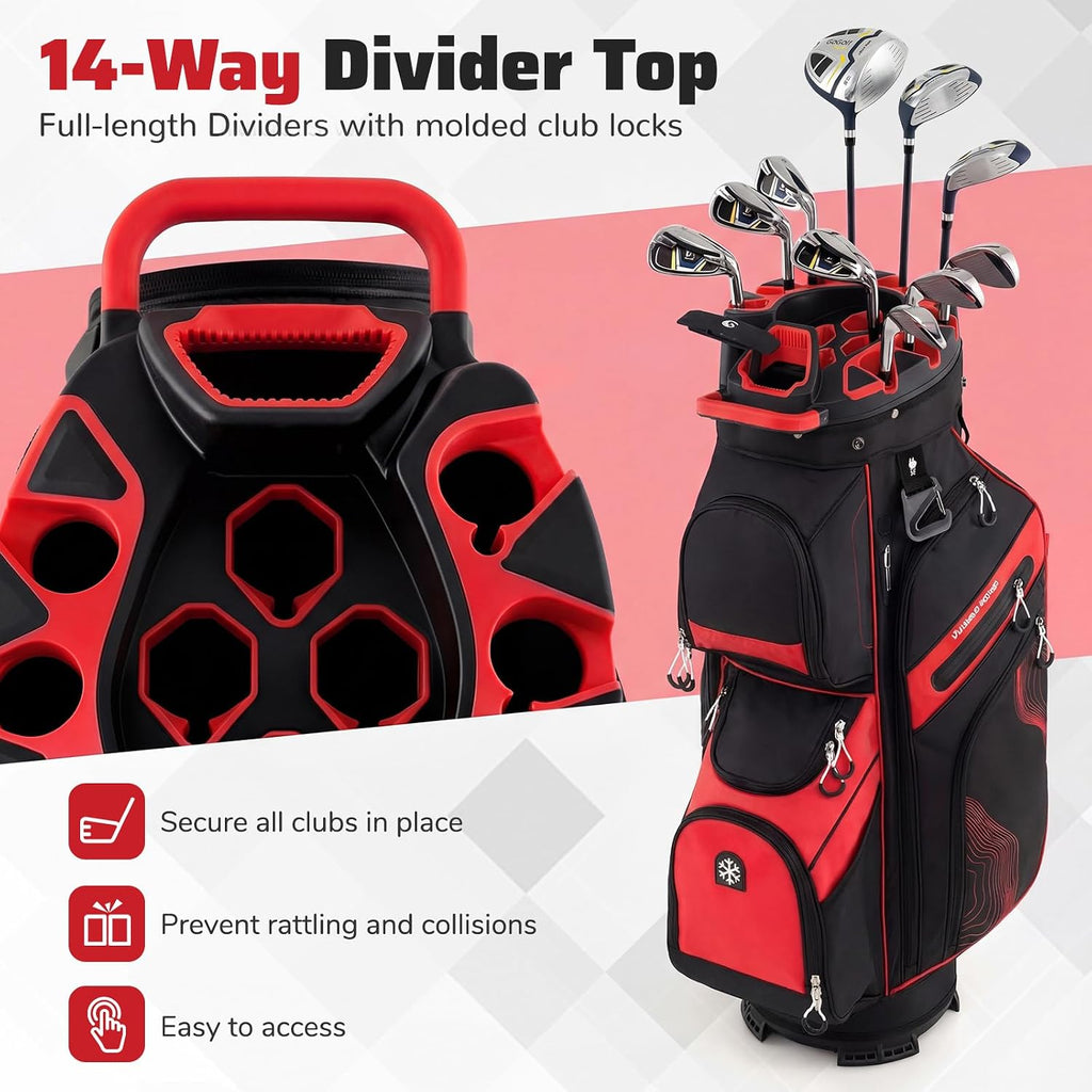 Goplus Lightweight Golf Cart Bag, Molded Lock Top Golf Club Bag w/14-Way Full Length Organizer Dividers, 11 Pockets, Cooler Bag, Straps, Umbrella Holder & Rain Hood for Men Women
