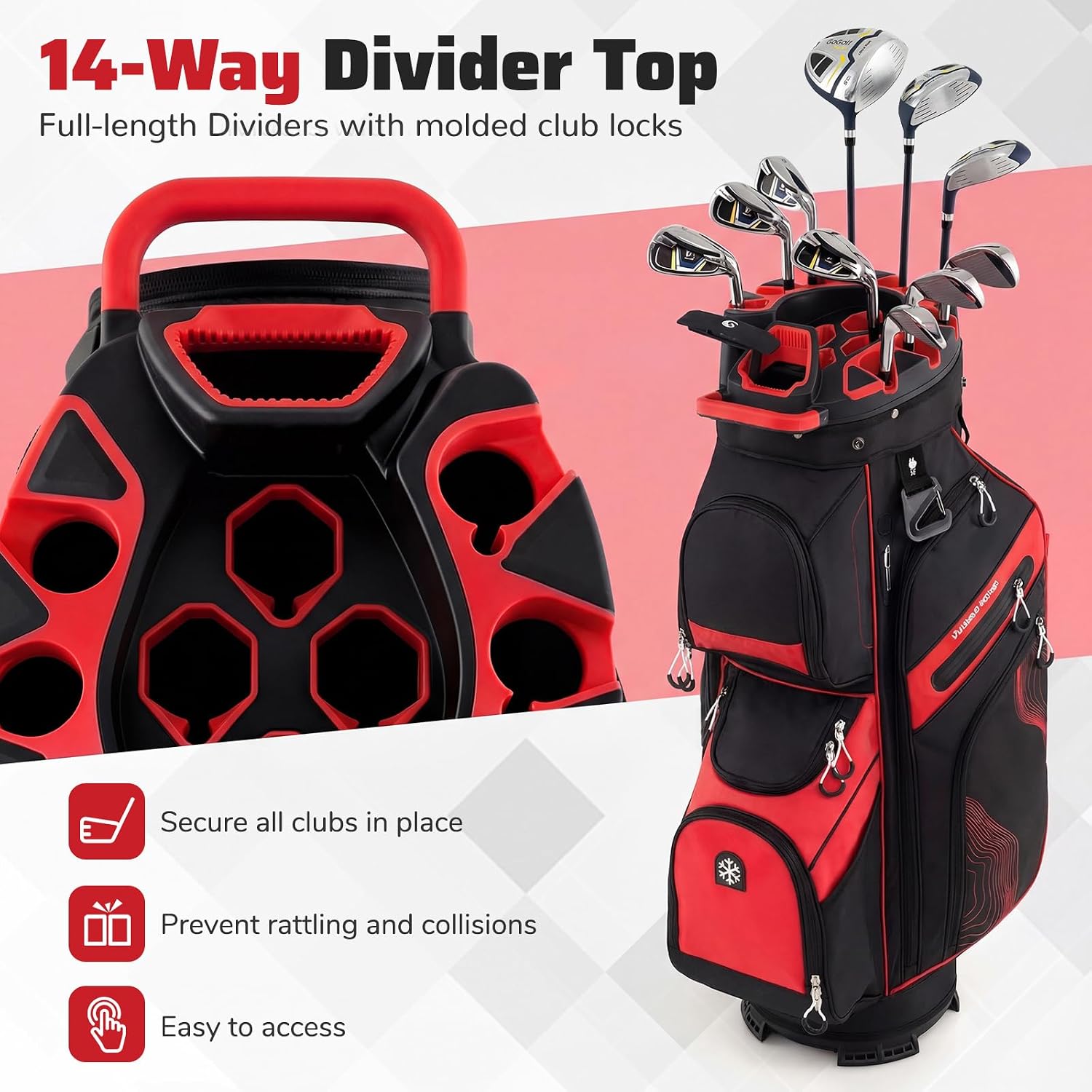 Goplus Lightweight Golf Cart Bag, Molded Lock Top Golf Club Bag w/14-Way Full Length Organizer Dividers, 11 Pockets, Cooler Bag, Straps, Umbrella Holder & Rain Hood for Men Women
