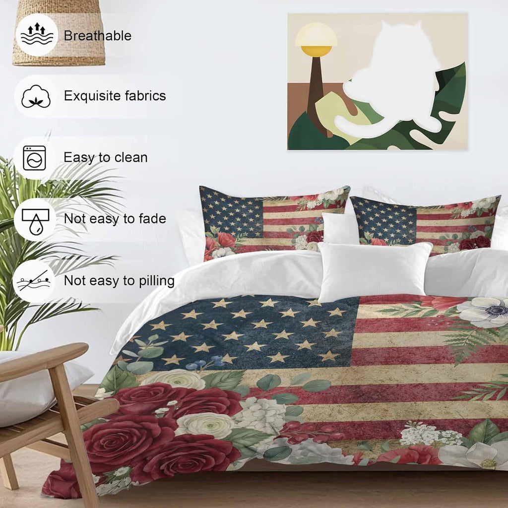 4th of July Duvet Cover Set Queen Size 4 Pieces Patriotic USA Flag Stars Red Flowers Leaf Rustic Bedding Set with Zipper Closure, 1 Comforter Cover 90x92 Inches 1 Flat Sheet & 2 Pillow Cases