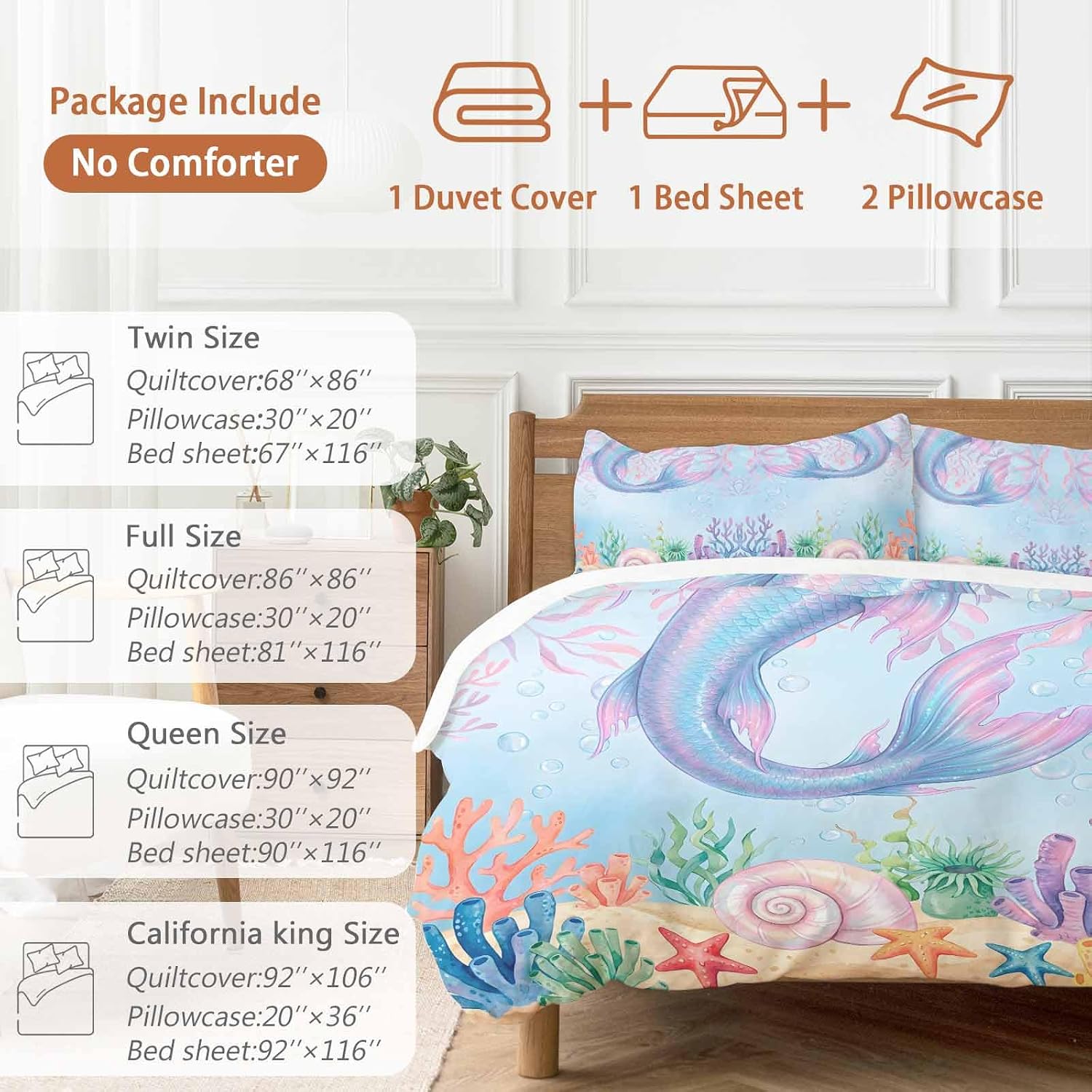 Ocean Marine Life Duvet Cover Set Queen Size 4 Pieces Watercolor Fish Tails Starfish Sea Nut Seagrass Bedding Set with Zipper Closure, 1 Comforter Cover 86x86 Inches 1 Flat Sheet & 2 Pillow Cases