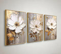 3 Piece Framed Canvas Wall Art for Living Room, Textured White Floral Abstract Oil Painting with Gold Frame, Modern Luxury Flower Wall Decor for Bedroom Office, Each Panel 20x28 Inches