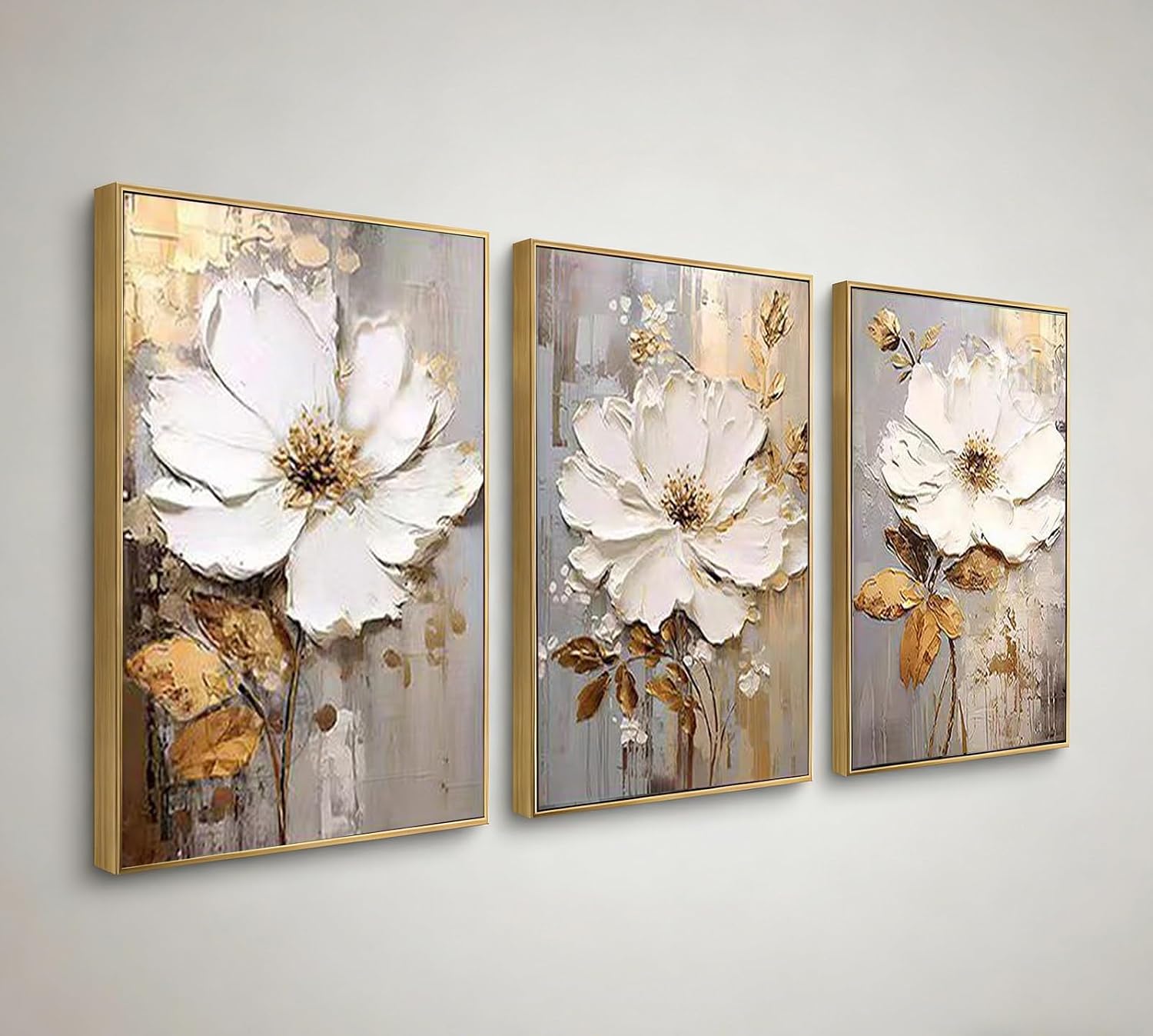 3 Piece Framed Canvas Wall Art for Living Room, Textured White Floral Abstract Oil Painting with Gold Frame, Modern Luxury Flower Wall Decor for Bedroom Office, Each Panel 20x28 Inches
