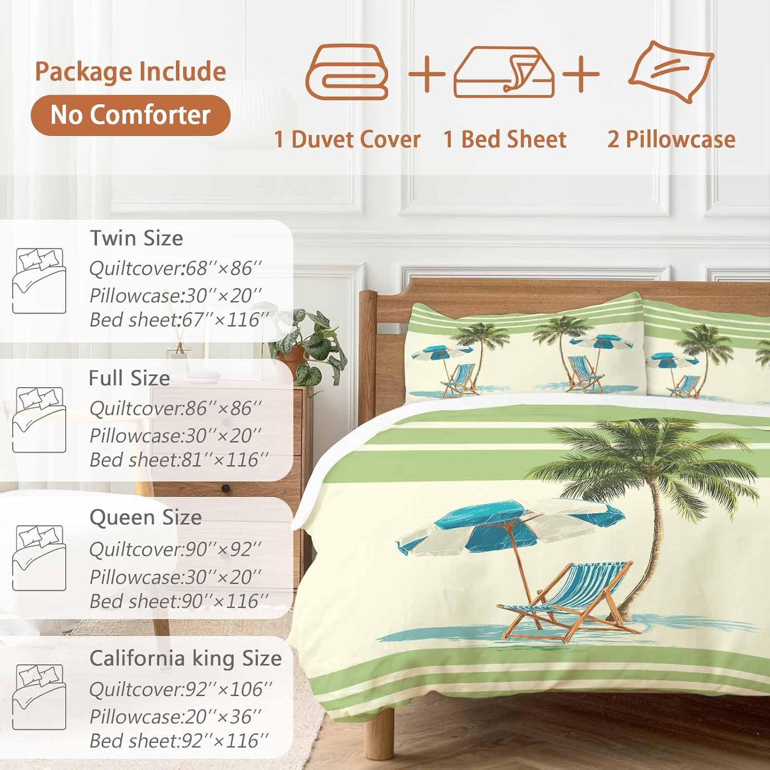 Summer Duvet Cover Set Queen Size 4 Pieces Beach Scene Sun Umbrella Palm Trees Green Yellow Stripe Bedding Set with Zipper Closure, 1 Comforter Cover 86x86 Inches 1 Flat Sheet & 2 Pillow Cases