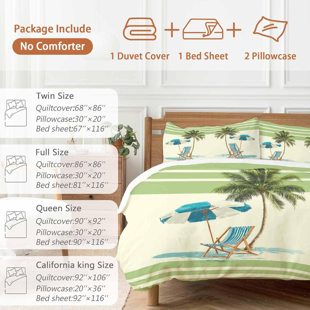 Summer Duvet Cover Set Queen Size 4 Pieces Beach Scene Sun Umbrella Palm Trees Green Yellow Stripe Bedding Set with Zipper Closure, 1 Comforter Cover 92x106 Inches 1 Flat Sheet & 2 Pillow Cases