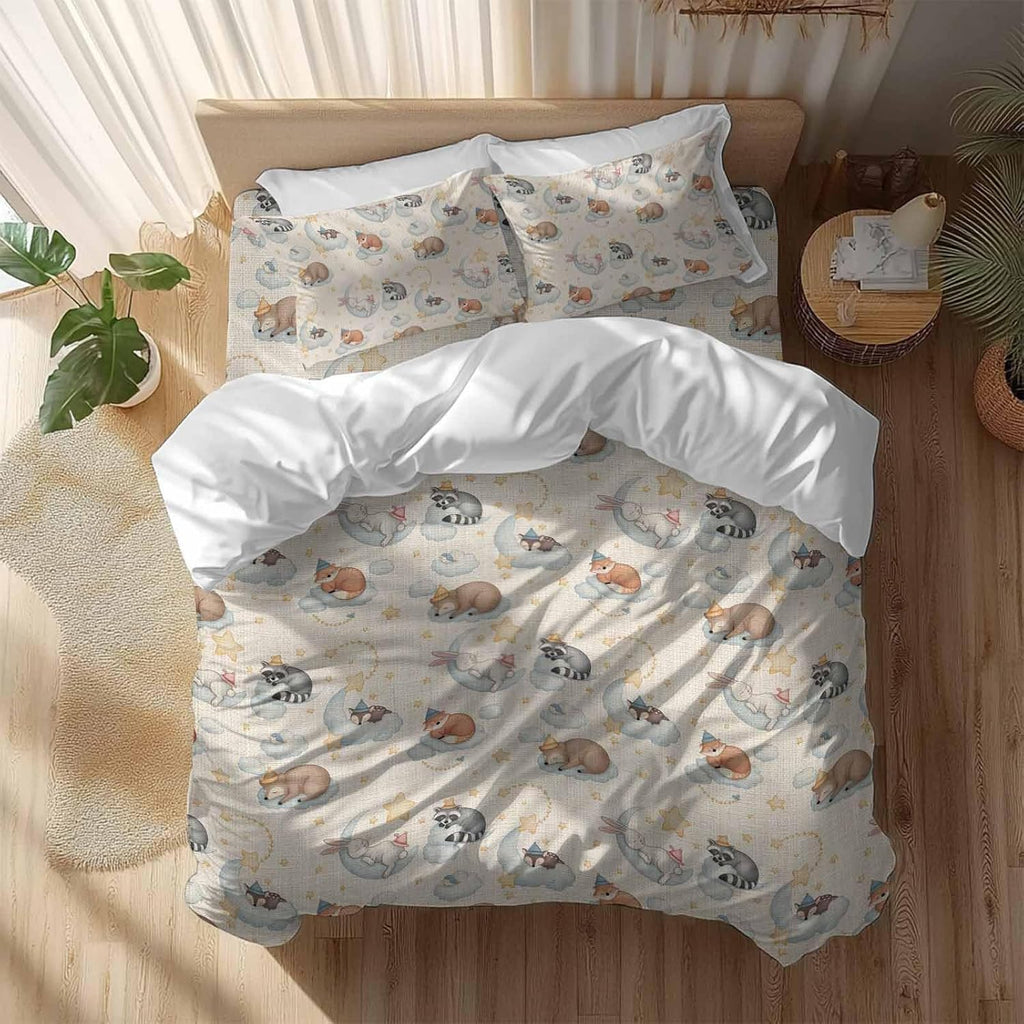 Cartoons Animals Duvet Cover Set Queen Size 4 Pieces Watercolor Fox Sleeping Raccoon Cute Rabbit Bedding Set with Zipper Closure, 1 Comforter Cover 86x86 Inches 1 Flat Sheet & 2 Pillow Cases