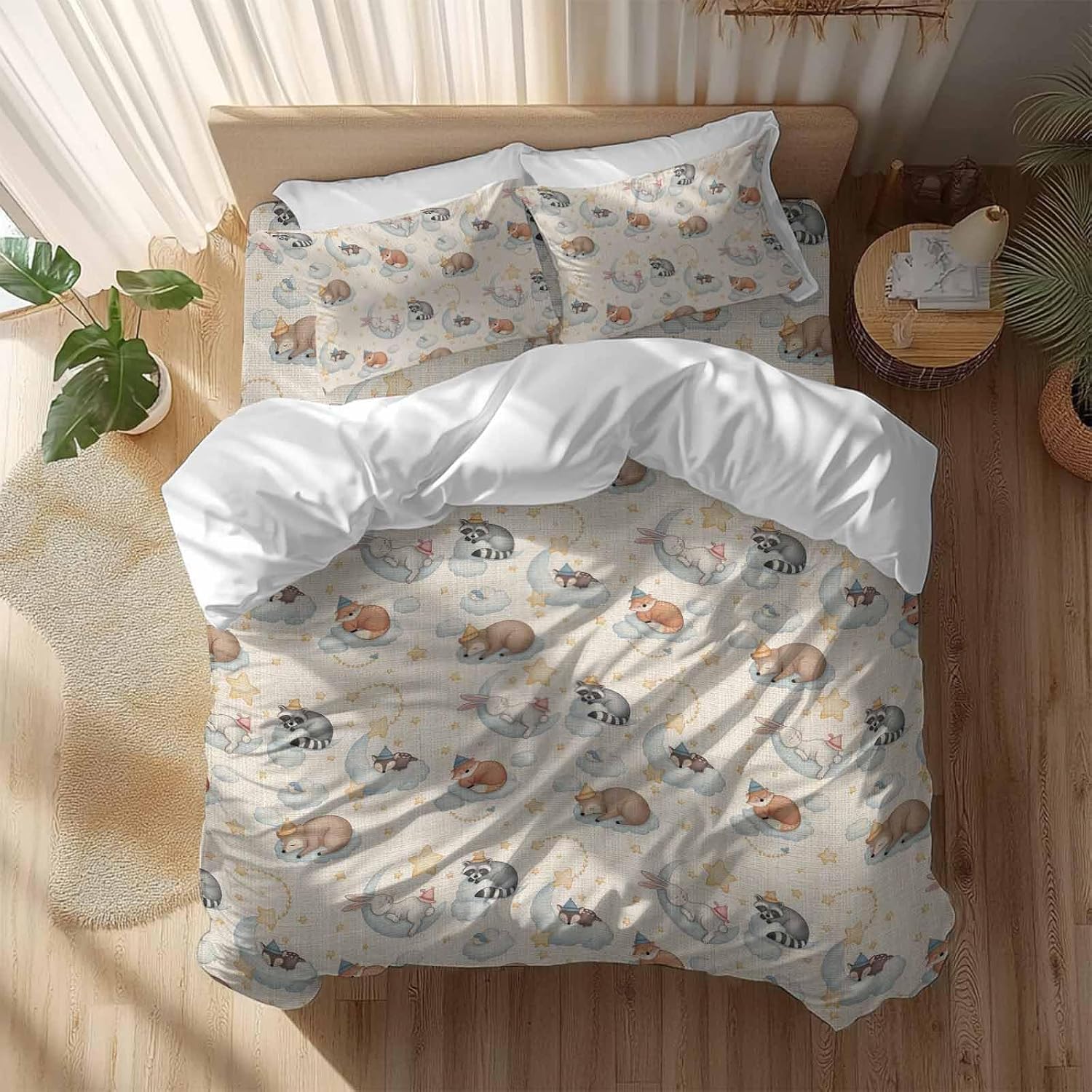 Cartoons Animals Duvet Cover Set Queen Size 4 Pieces Watercolor Fox Sleeping Raccoon Cute Rabbit Bedding Set with Zipper Closure, 1 Comforter Cover 86x86 Inches 1 Flat Sheet & 2 Pillow Cases