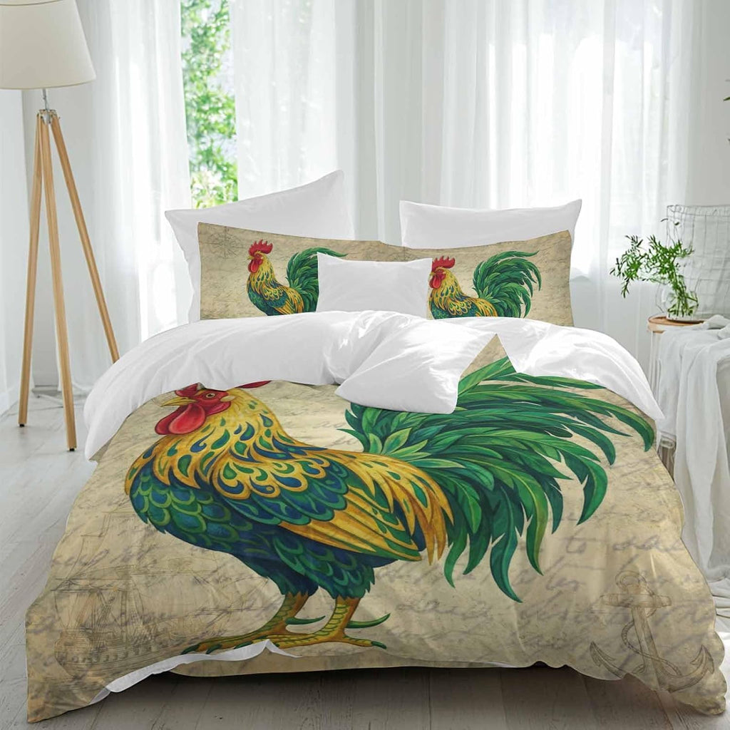 Prime Leader Retro Chicken Duvet Cover Set Queen Size 4 Pieces Farm Rooster Vintage Paper Country Animal Bedding Set with Zipper Closure, 1 Comforter Cover 86x86 Inches 1 Flat Sheet & 2 Pillow Cases
