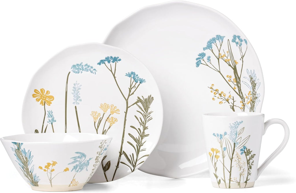 Lenox Dinnerware Sets, Wildflowers 16-Piece Dinnerware Set, Service For 4, Stoneware Material, Dishwasher Safe, Microwave Safe, Bowls, Plates And Bowls, Dinner Dishes, Includes Mugs (White, 16 Piece)