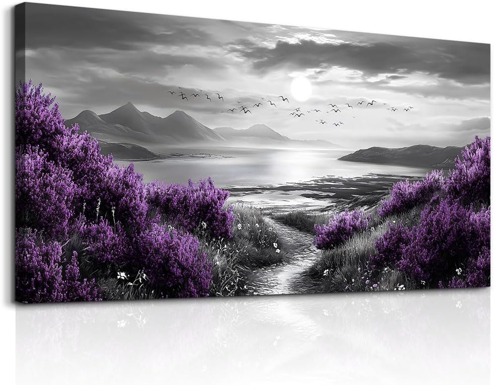 FUHAIHUA Canvas Wall Decor for Office Large Wall Art for Living Room Modern Bedroom Wall Decoration Purple Flowers Landscape Pictures Black and White Scenery Paintings Artwork Aesthetic Home Decor
