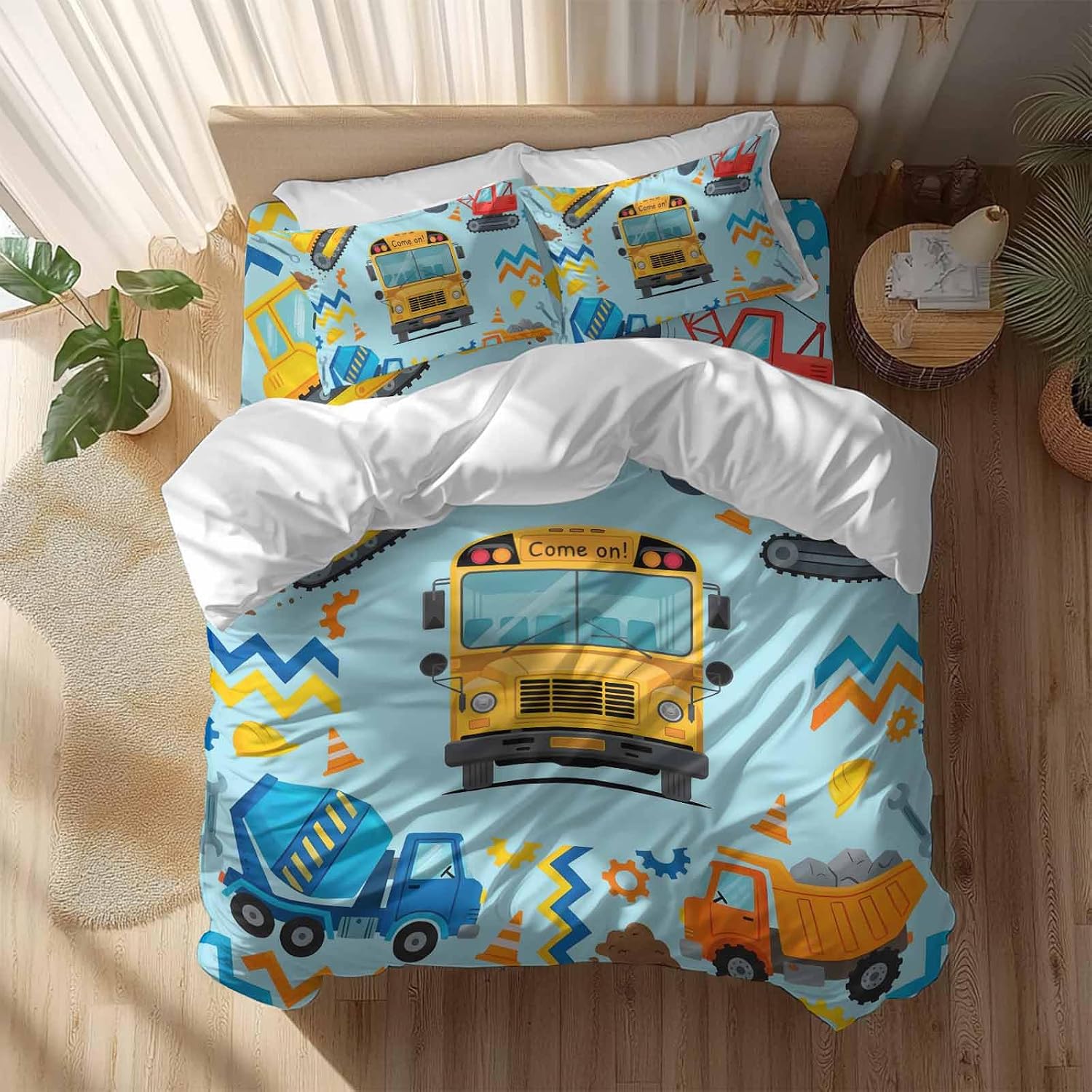Prime Leader Cartoon Come on Duvet Cover Set Queen Size 4 Pieces Excavator Mixer Truck Wrench Helmet Blue Bedding Set with Zipper Closure, 1 Comforter Cover 86x86 Inches 1 Flat Sheet & 2 Pillow Cases