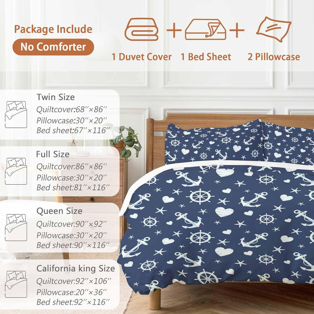 Summer Ocean Anchor Duvet Cover Set Queen Size 4 Pieces Nautical Coastal Sea Navy Blue Compass Love Heart Star Bedding Set with Zipper Closure,1 Comforter Cover 90x92 Inch 1 Flat Sheet&2 Pillow Cases