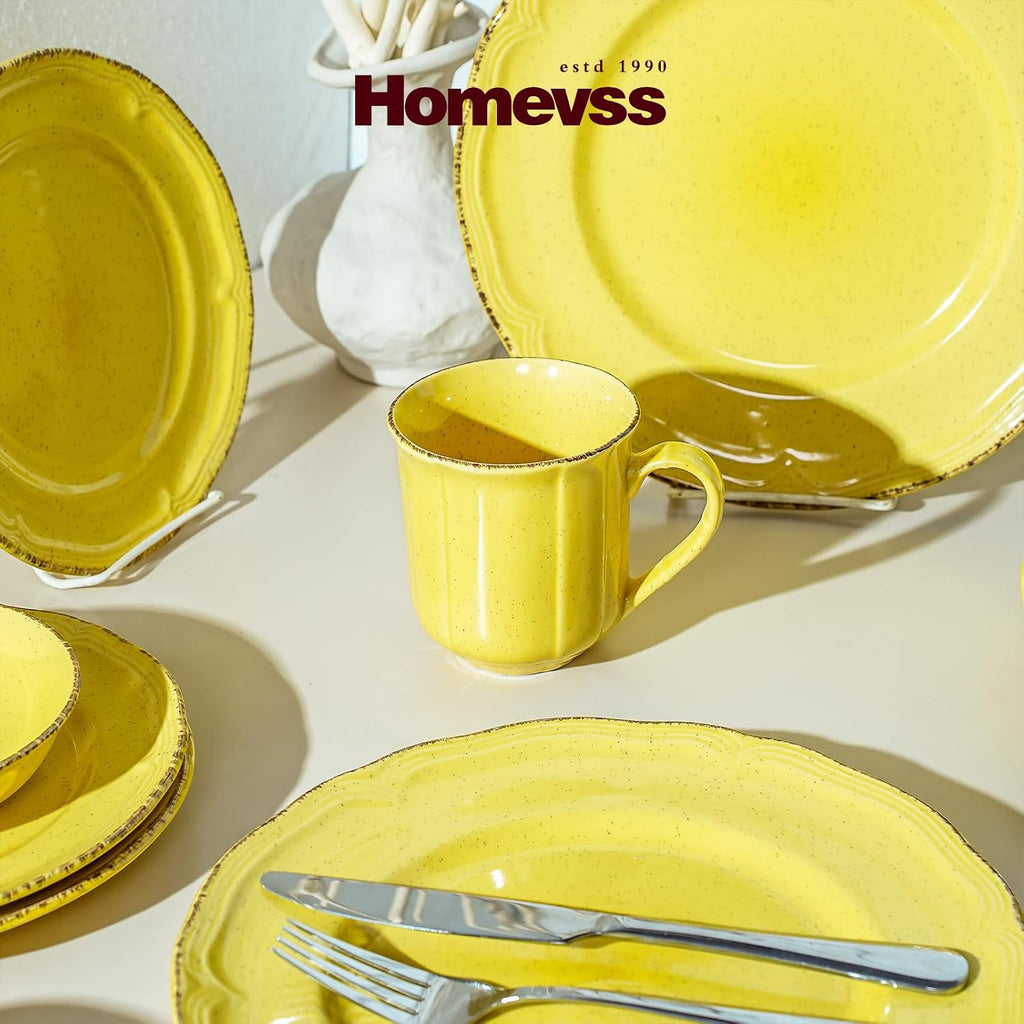 56pc Dinnerware Set, Plate and Bowl Set, Stoneware Dishes Set for 8, Microwave and Dishwahser Safe, Scratch Resistant, French Countryside Speckled Antique Yellow
