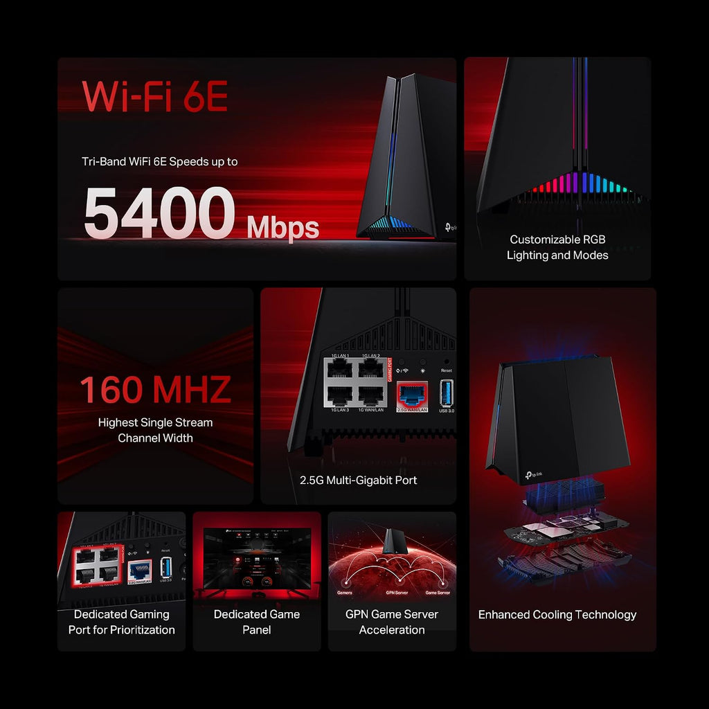 TP-Link Tri-Band AXE5400 Wi-Fi 6E Gaming Router Archer GXE75 | 6-Stream 5.4 Gbps | 1×2.5G + 4×1G Ports, USB 3.0 | Exclusive Acceleration, Gaming Port & Panel, RGB Lighting | EasyMesh, HomeShield