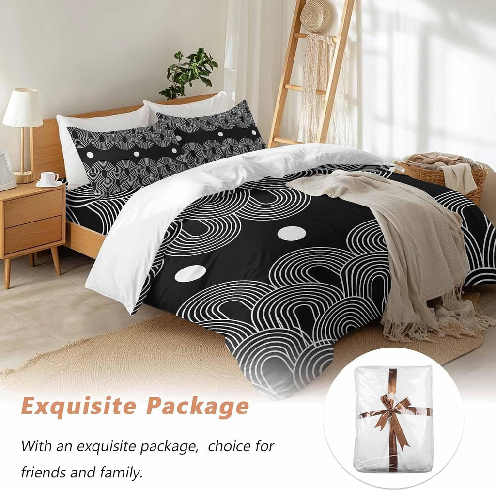 Prime Leader Black White Duvet Cover Set Queen Size 4 Pieces Abstract Line Boho Minimalist Arch Geometric Bedding Set with Zipper Closure, 1 Comforter Cover 86x86 Inches 1 Flat Sheet & 2 Pillow Cases