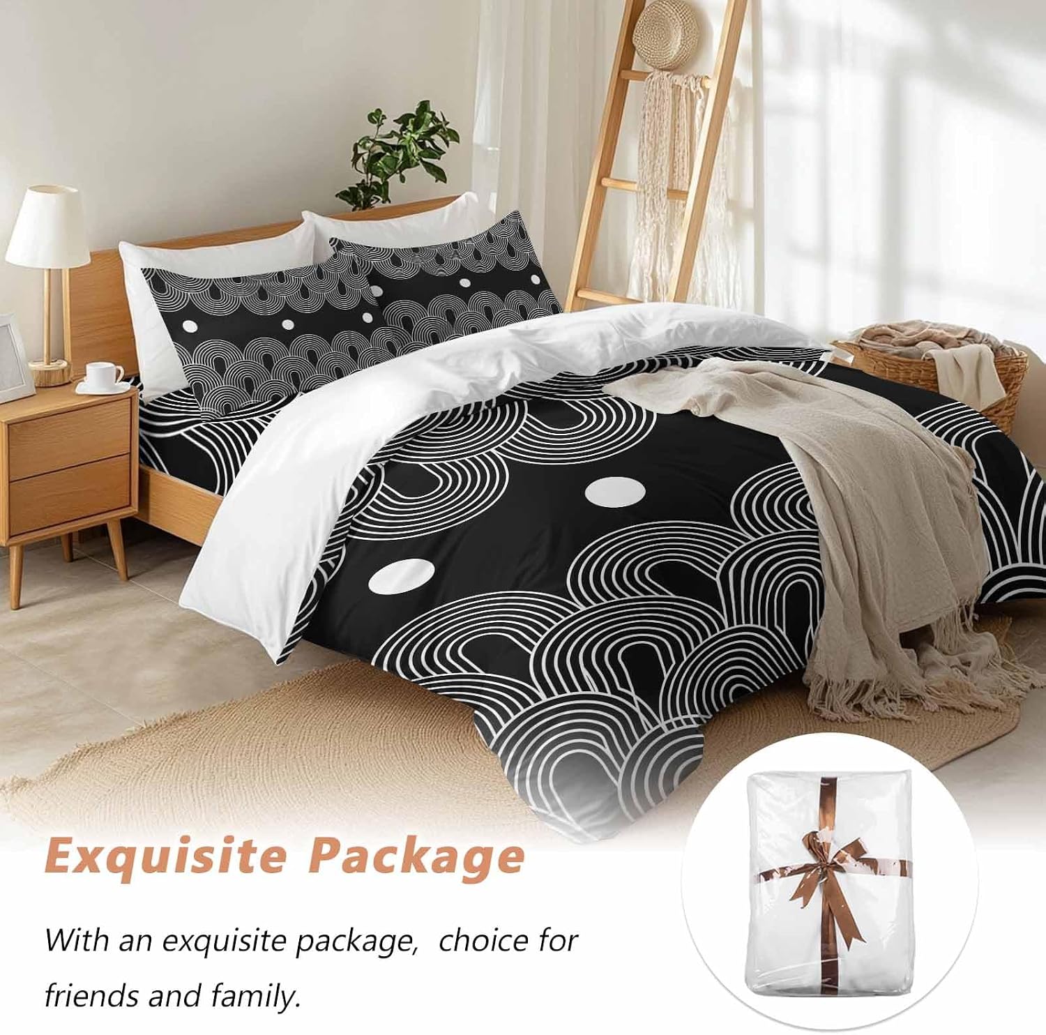 Prime Leader Black White Duvet Cover Set Queen Size 4 Pieces Abstract Line Boho Minimalist Arch Geometric Bedding Set with Zipper Closure, 1 Comforter Cover 86x86 Inches 1 Flat Sheet & 2 Pillow Cases