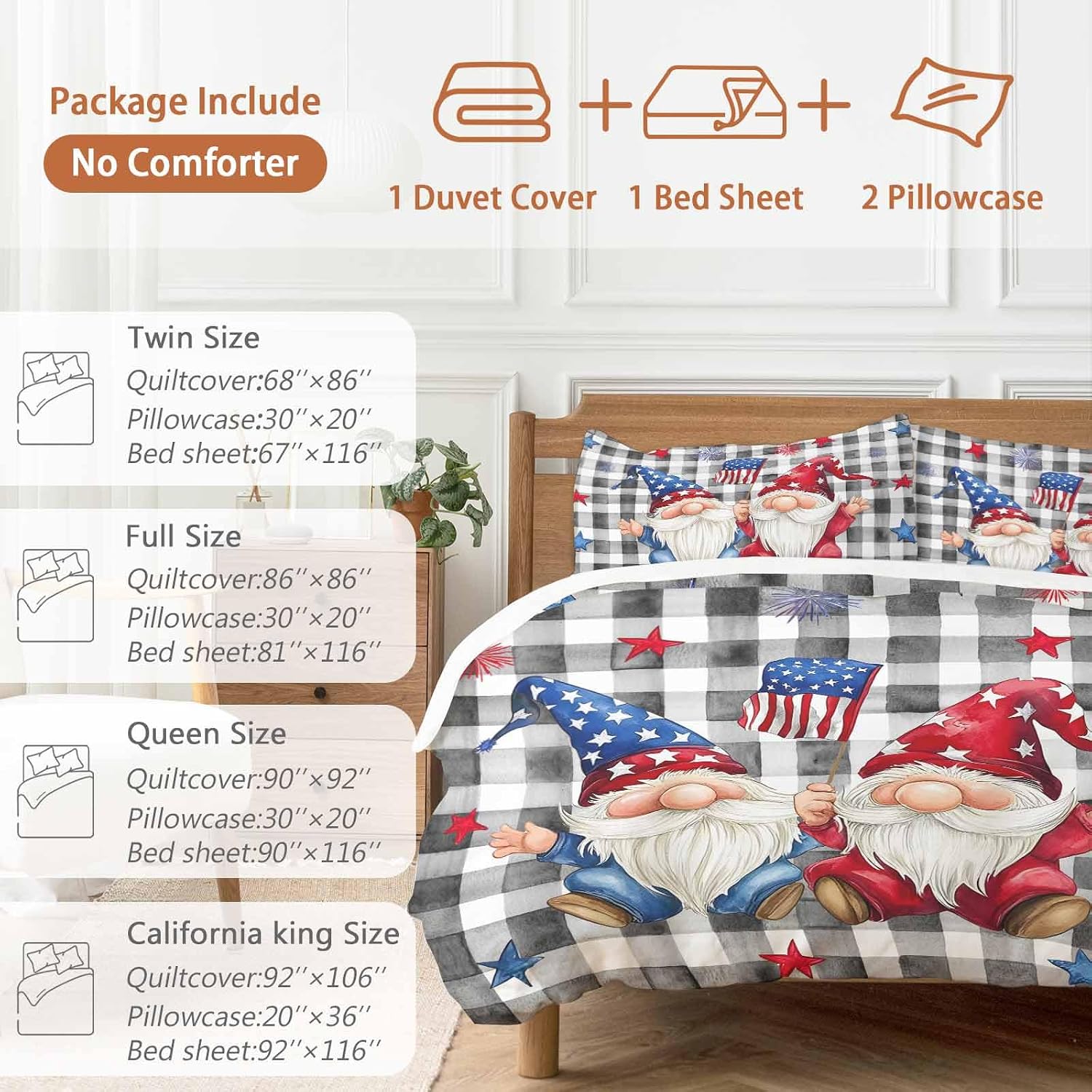Prime Leader Independence Day Duvet Cover Set Queen Size 4 Pieces Patriotic Gnomes USA Flag Black Plaid Bedding Set with Zipper Closure, 1 Comforter Cover 86x86 Inches 1 Flat Sheet & 2 Pillow Cases