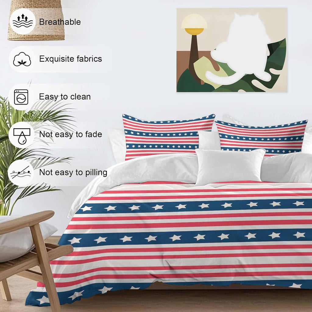 Independence Day Duvet Cover Set Queen Size 4 Pieces Watercolor Red White Blue Stripes White Bedding Set with Zipper Closure, 1 Comforter Cover 92x106 Inches 1 Flat Sheet & 2 Pillow Cases