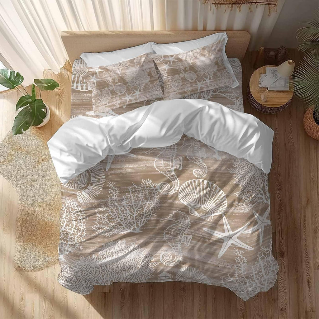 Prime Leader Brown Coastal Duvet Cover Set Queen Size 4 Pieces Nautical Starfish Seahorse Coral Summer Bedding Set with Zipper Closure, 1 Comforter Cover 90x92 Inches 1 Flat Sheet & 2 Pillow Cases