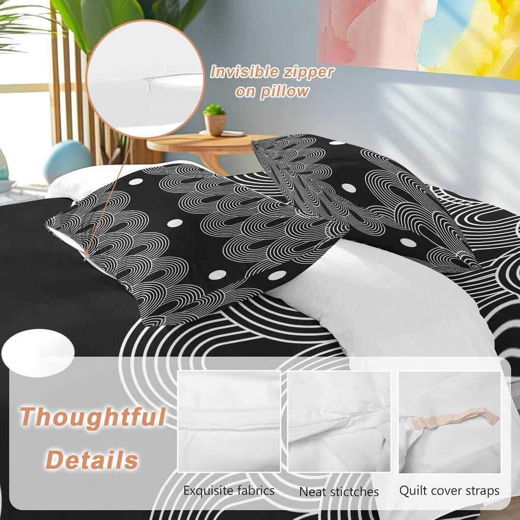 Black White Duvet Cover Set Queen Size 4 Pieces Abstract Line Boho Minimalist Arch Geometric Bedding Set with Zipper Closure, 1 Comforter Cover 92x106 Inches 1 Flat Sheet & 2 Pillow Cases