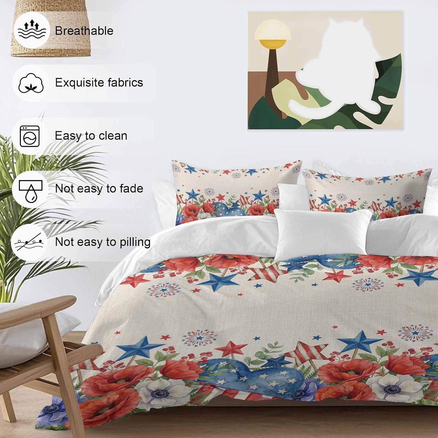 Independence Day Duvet Cover Set Queen Size 4 Pieces Blue Red White Floral Flower Love Heart Retro Bedding Set with Zipper Closure, 1 Comforter Cover 90x92 Inches 1 Flat Sheet & 2 Pillow Cases