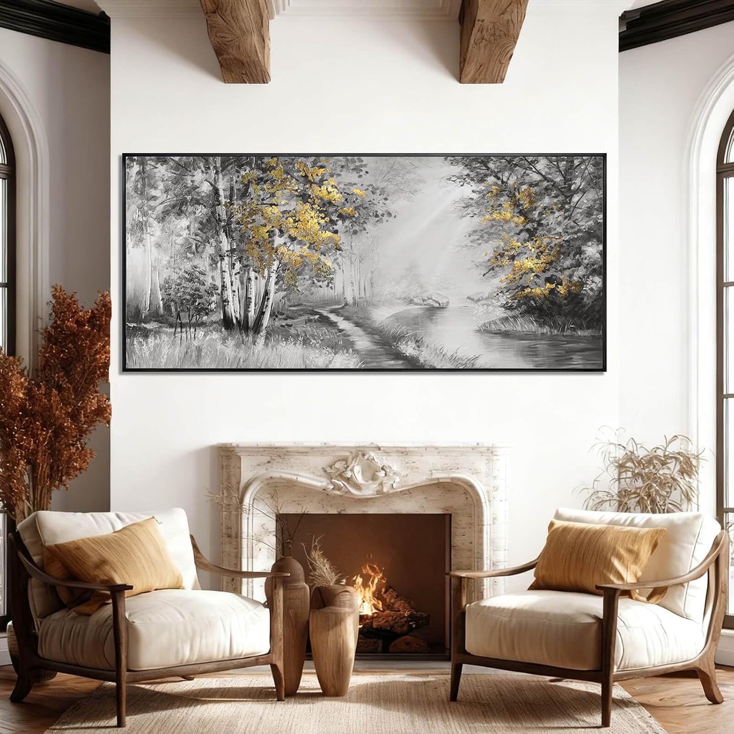 SOUGUAN Grey and Gold Canvas Wall Art Tree Wall Decor Modern Posters 32'x70' Large Decoration Living Room Pictures for Bedroom Office