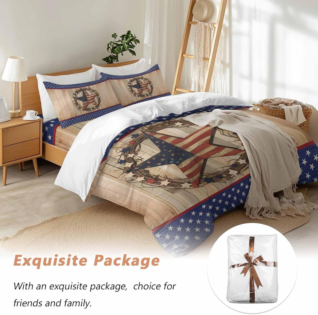 Prime Leader Independence Day Duvet Cover Set Queen Size 4 Pieces Vintage Stars Stripes Wood Grain Bedding Set with Zipper Closure, 1 Comforter Cover 92x106 Inches 1 Flat Sheet & 2 Pillow Cases