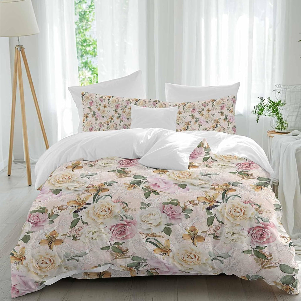 Prime Leader Floral Spring Duvet Cover Set Queen Size 4 Pieces Flower Retro Texture Bedding Set with Zipper Closure, 1 Comforter Cover 86x86 Inches 1 Flat Sheet & 2 Pillow Cases