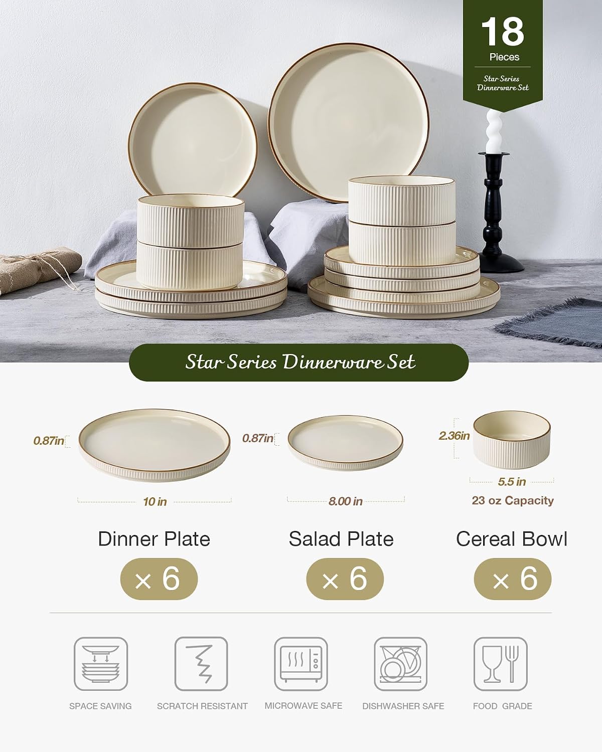 Famiware Star 18-Piece Stoneware Plates and Bowls Sets, Service for 6, Ceramic Dinnerware with Trim, Modern Rustic Dishes for Everyday/Formal, Chip/Scratch Resistant, Microwave/Dishwasher Safe, Cream
