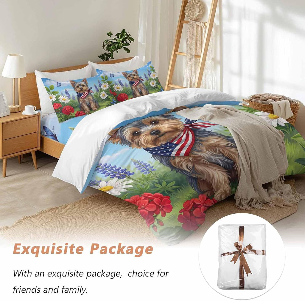 Independence Day Duvet Cover Set Queen Size 4 Pieces Watercolor U. S. Flag Cute Yorkshire Butterfly Bedding Set with Zipper Closure, 1 Comforter Cover 90x92 Inches 1 Flat Sheet & 2 Pillow Cases