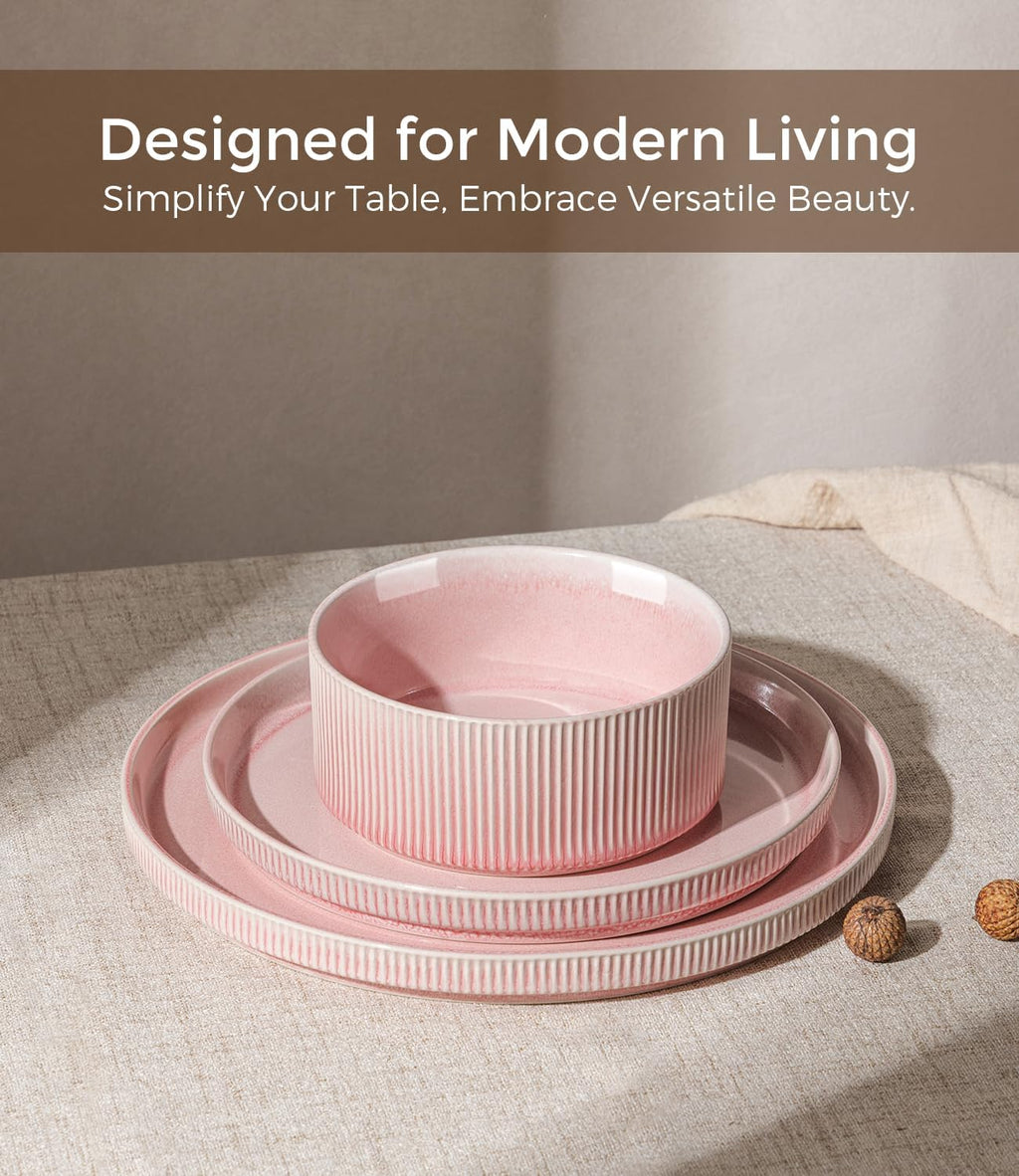 GBHOME 24-Piece Stoneware Dinnerware Set for 8 – Ribbed Ceramic Plates and Bowls, Scratch-Resistant, Microwave & Dishwasher Safe, Reactive Glaze, Blush Veil