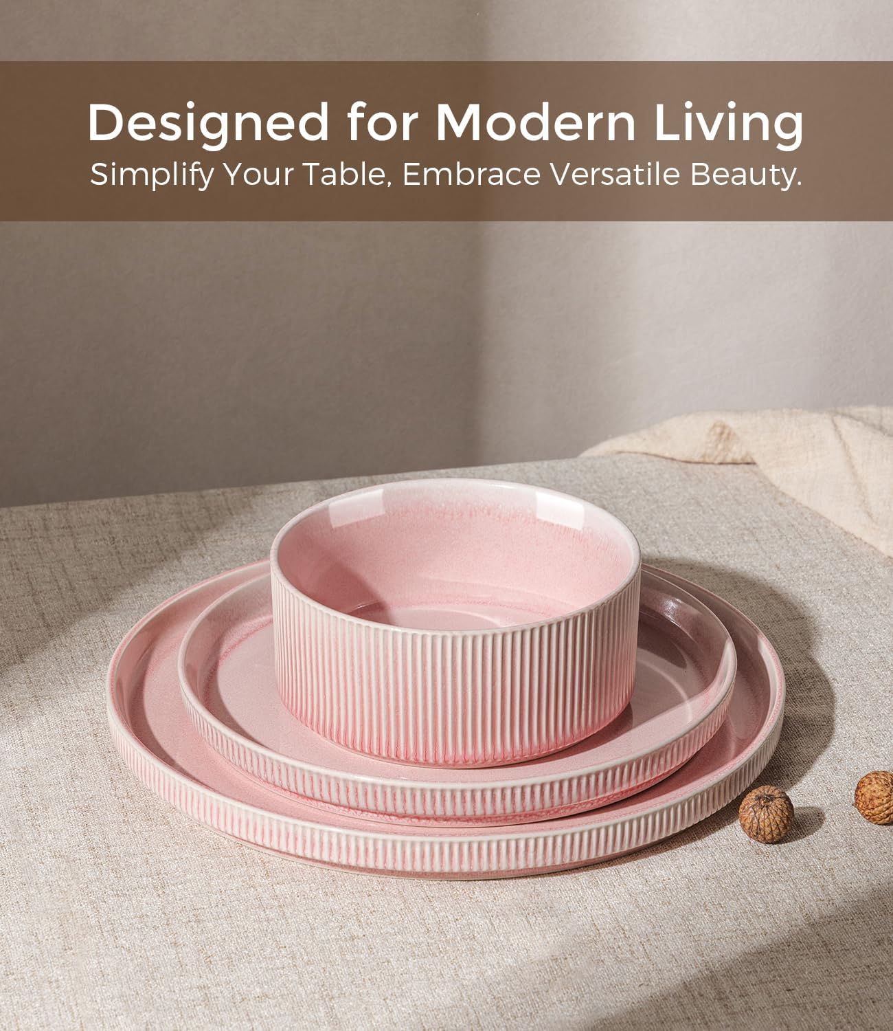 GBHOME 24-Piece Stoneware Dinnerware Set for 8 – Ribbed Ceramic Plates and Bowls, Scratch-Resistant, Microwave & Dishwasher Safe, Reactive Glaze, Blush Veil