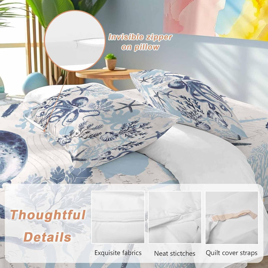 Summer Marine Life Duvet Cover Set Queen Size 4 Pieces Ocean Watercolor Octopus Starfish Coastal Vintage Bedding Set with Zipper Closure, 1 Comforter Cover 92x106 Inches 1 Flat Sheet & 2 Pillow Cases