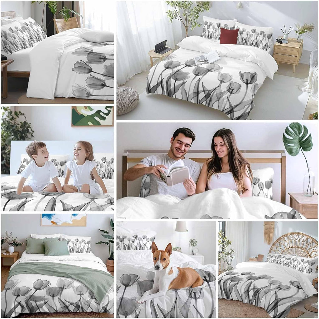 Prime Leader Spring Floral Duvet Cover Set Queen Size 4 Pieces Watercolor Black Tulip Flowers Pattern Bedding Set with Zipper Closure, 1 Comforter Cover 86x86 Inches 1 Flat Sheet & 2 Pillow Cases