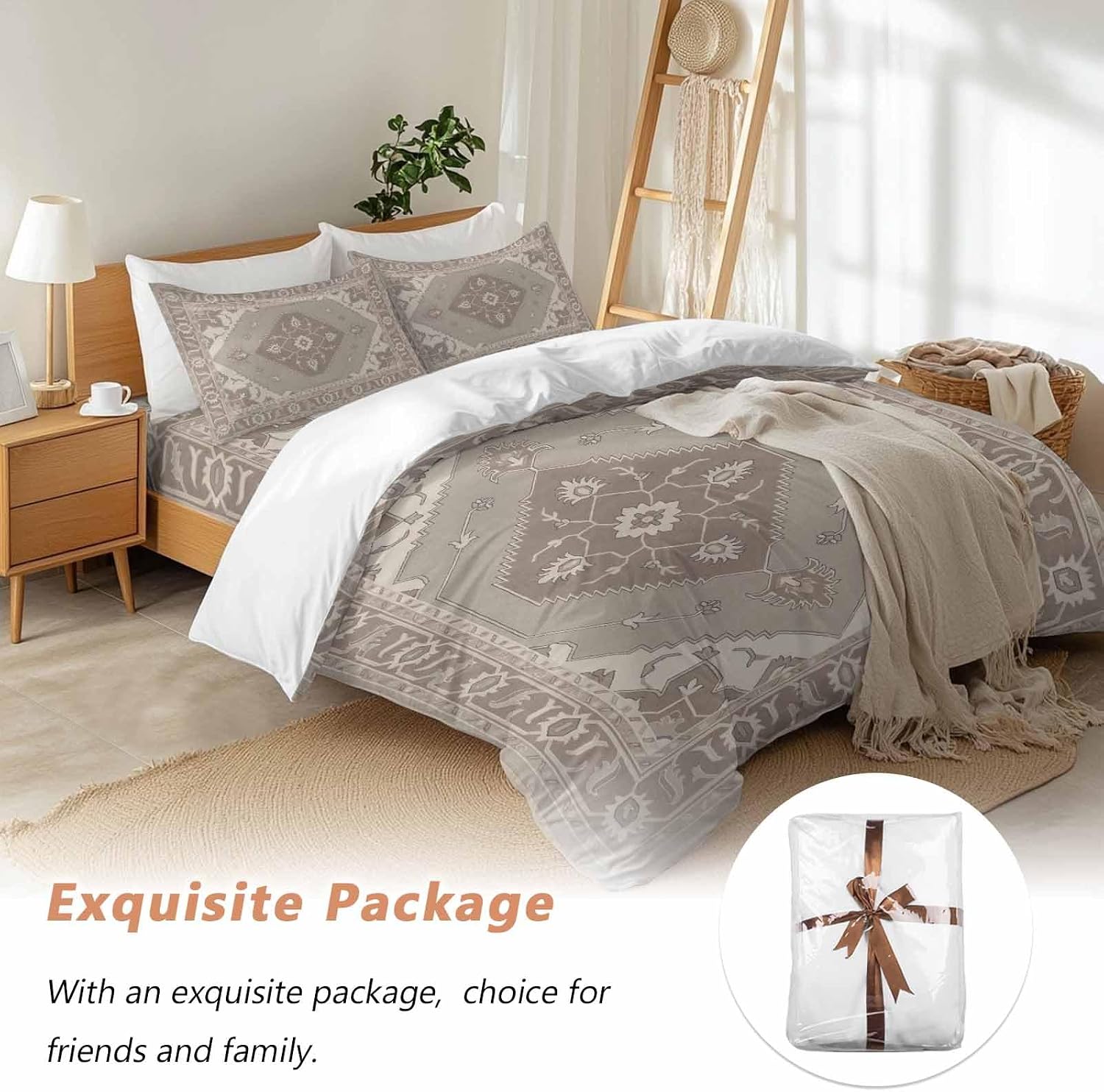 Ethnic Art Boho Duvet Cover Set Queen Size 4 Pieces Abstract Geometric Brown Flower Pattern Retro Border Bedding Set with Zipper Closure, 1 Comforter Cover 86x86 Inches 1 Flat Sheet & 2 Pillow Cases