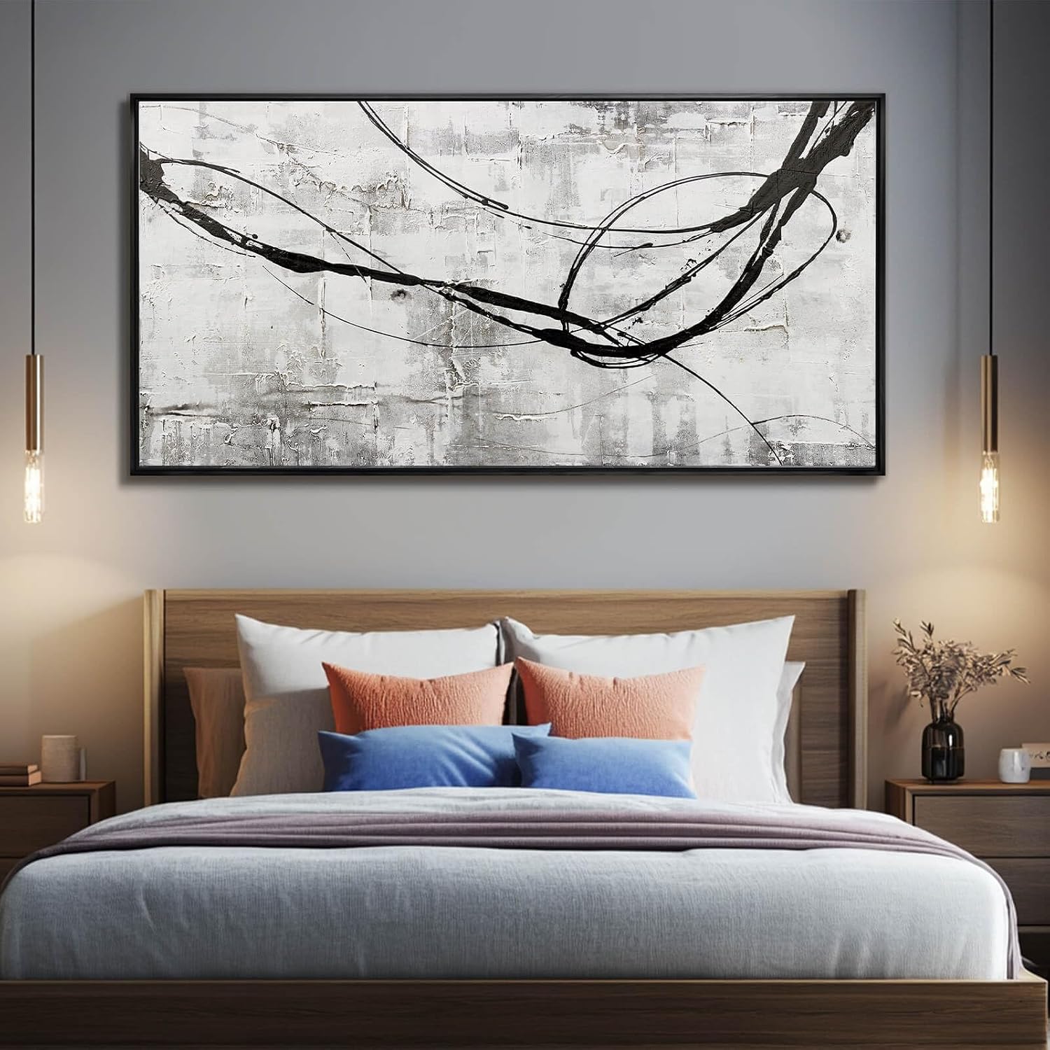 XIANSHOU Black Line Canvas Pictures Gray Decorative Painting 29'x58' Wood Wall Art Modern Art Prints Abstract Wall Art for Living Room Wall Pictures for Bedroom