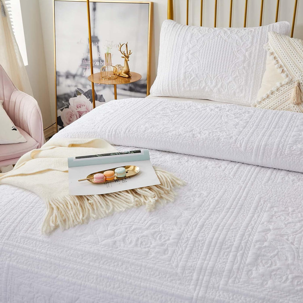 Brandream White Quilt King Size Cotton Matelasse Coverlet Set Farmhouse Quilts 3-Piece